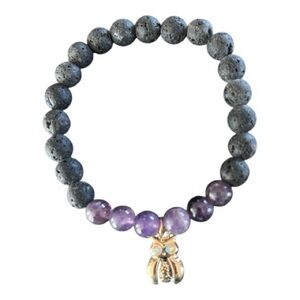 Amethyst & Lava Stone Beaded Bracelet | Owl Charm | 6.5”